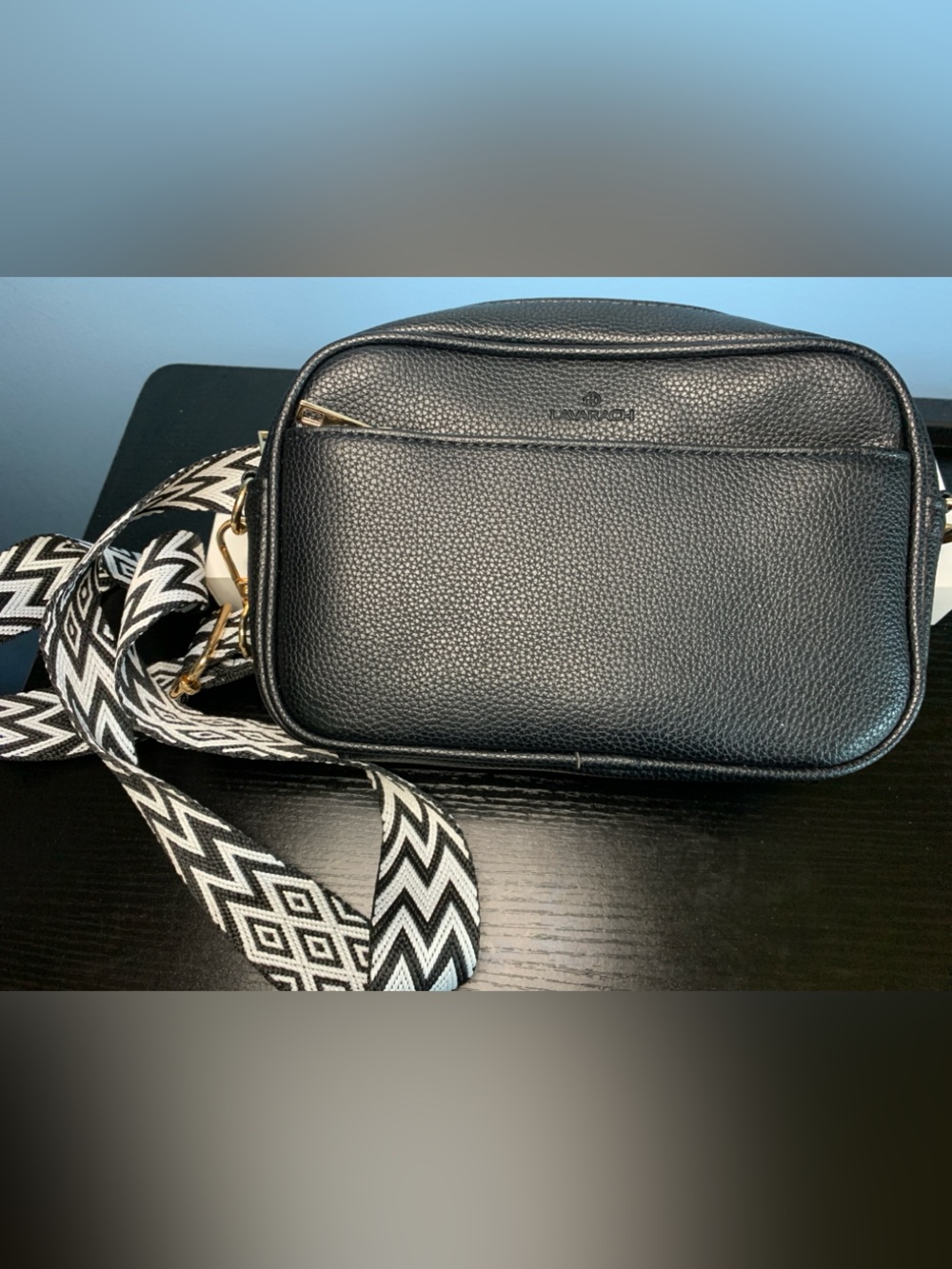 Lavarach Anitheft Black Pebbled Leather Crossbody with Patterned Strap